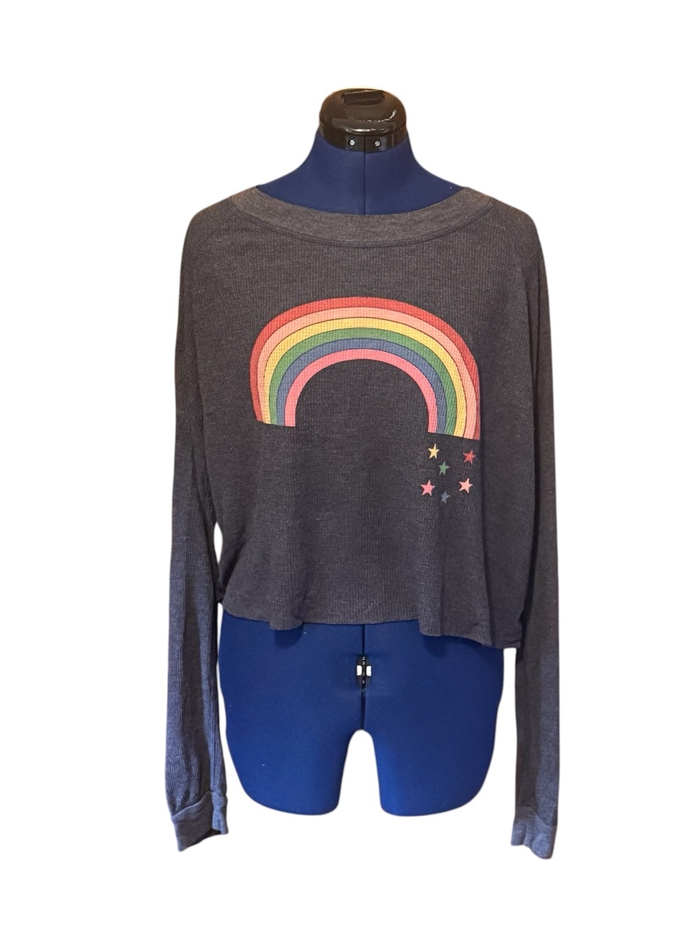 Wildfox Heather Charcoal Waffle-Knit Long-Sleeve Top Size M